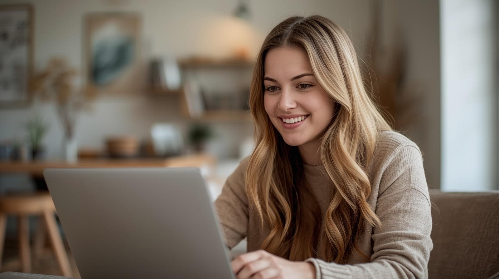 A parent completing the online intake interview from her laptop at home